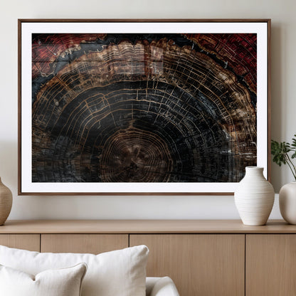 Dark Wood Wall Art Print - Petrified Tree Canvas Print, featuring an intricate tree ring pattern with deep earthy tones and organic textures, perfect for rustic and nature-inspired decor.