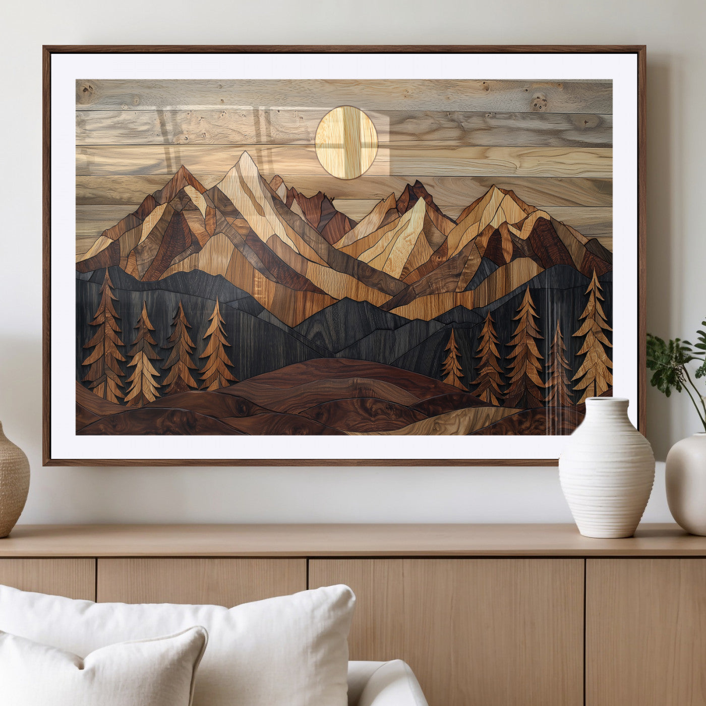 Mountain Landscape Wall Art Print - Sunset Hills Canvas Print, featuring an abstract nature scene with earthy tones and misty peaks, perfect for boho and modern decor.