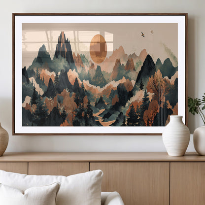 Mountain Landscape Wall Art Print - Sunset Hills Canvas Print, featuring an abstract nature scene with earthy tones and misty peaks, perfect for boho and modern decor.