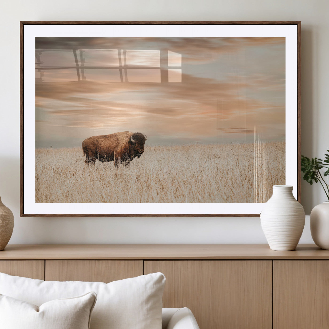 Bison Wall Art Print - Buffalo Canvas Print, featuring a lone bison in a golden prairie under a warm sunset sky, perfect for rustic and farmhouse decor.
