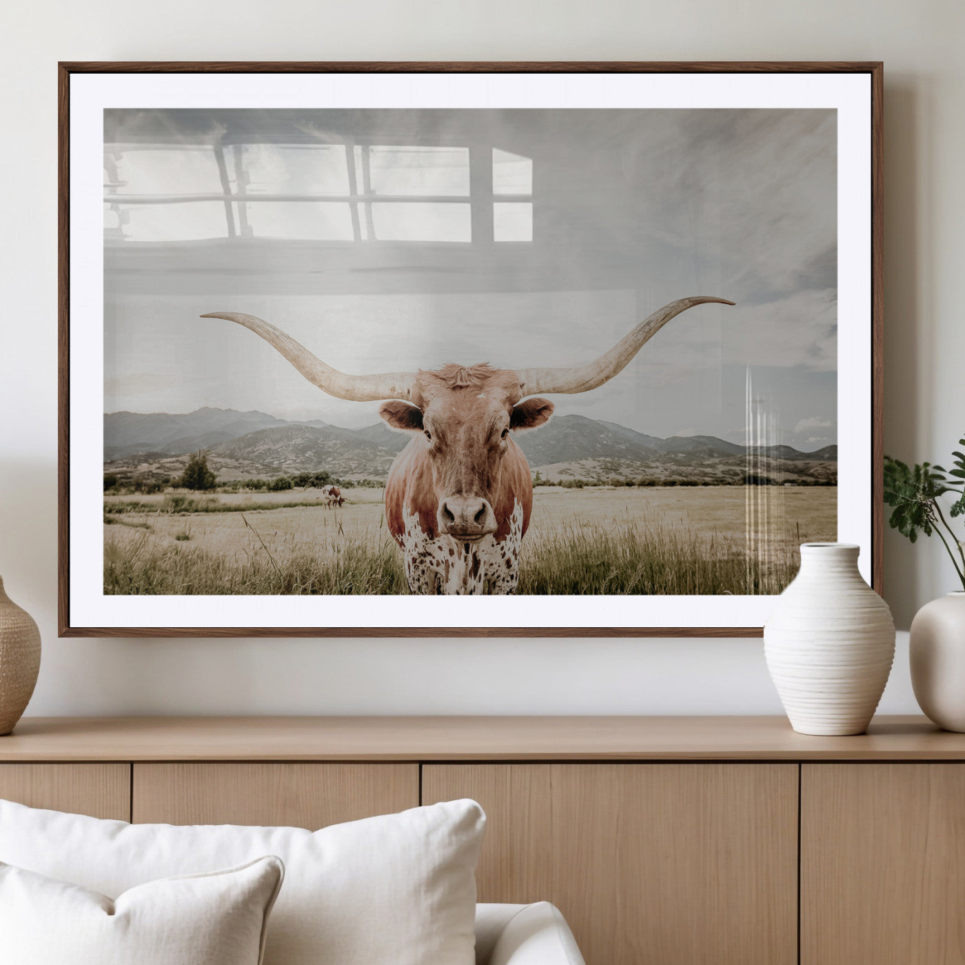 Longhorn Wall Art Print - Western Cow Canvas Print, featuring a majestic Texas longhorn in a rustic prairie setting, perfect for farmhouse and western decor.