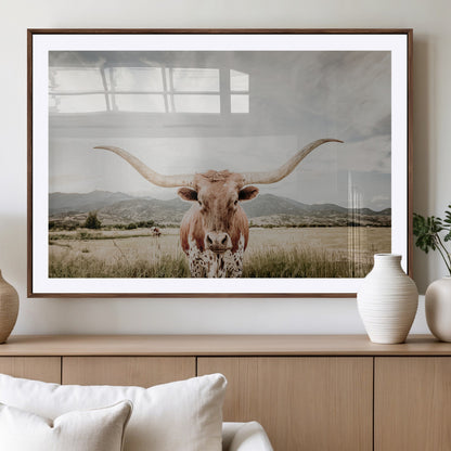 Longhorn Wall Art Print - Western Cow Canvas Print, featuring a majestic Texas longhorn in a rustic prairie setting, perfect for farmhouse and western decor.