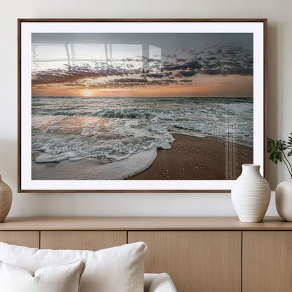 Ocean Sunset Wall Art Print - Beach Waves Canvas Print, featuring a serene seascape with golden sunlight reflecting on gentle waves, perfect for coastal and minimalist decor.