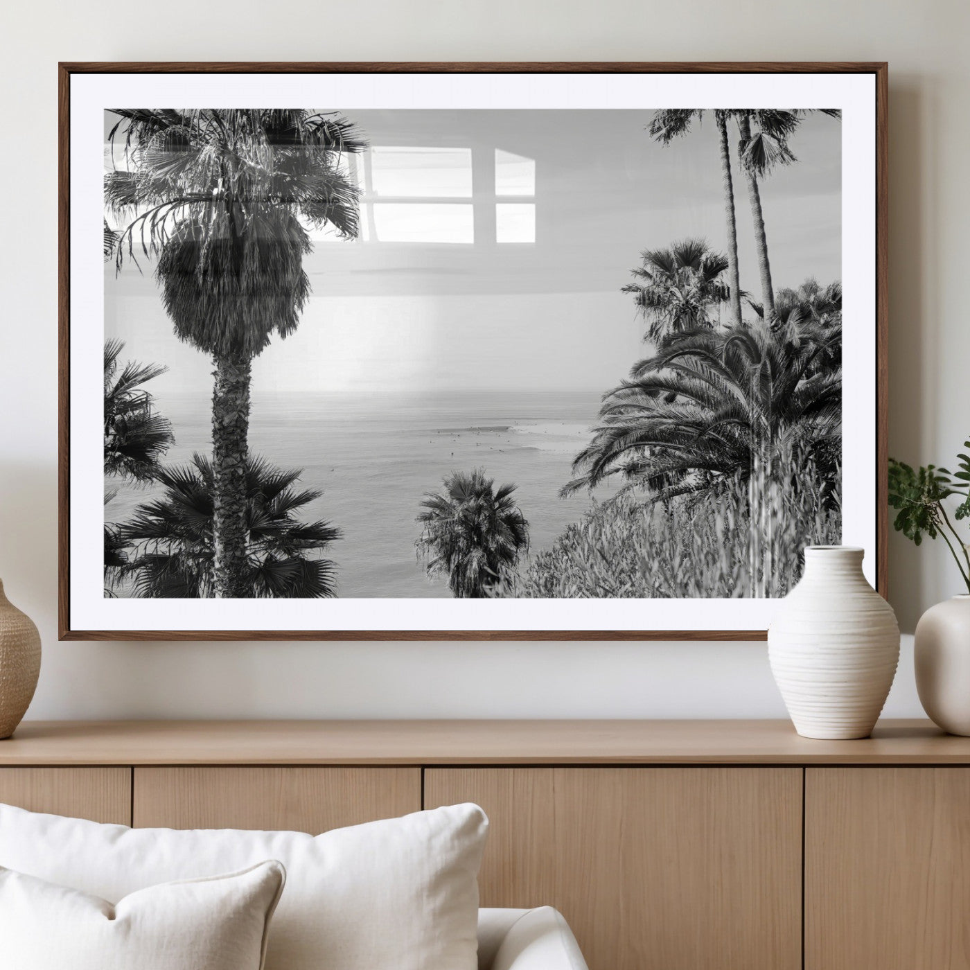 Monochrome canvas of palm trees framing a coastal surf scene, perfect for California-inspired or retro black-and-white beach decor.