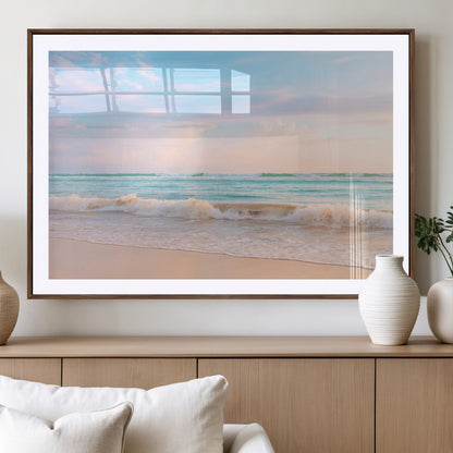 Pastel-toned ocean waves under soft sunset skies, ideal for pastel coastal or serene beach-style home decor.