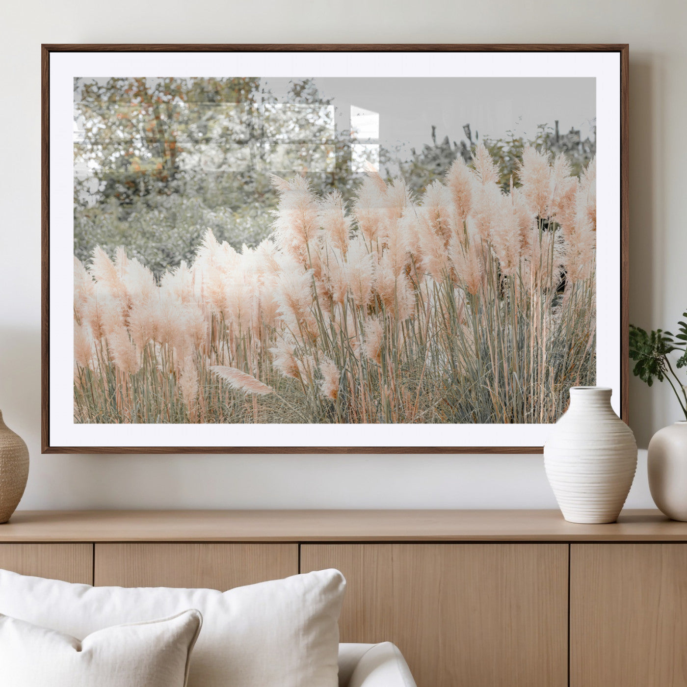 Soft pastel pampas grasses in a natural setting, ideal for neutral boho or rustic botanical-style interior wall decoration.