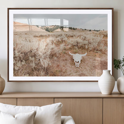 Rustic bull skull on dry sagebrush field under soft light, ideal for western minimal or desert prairie-style wall decoration.