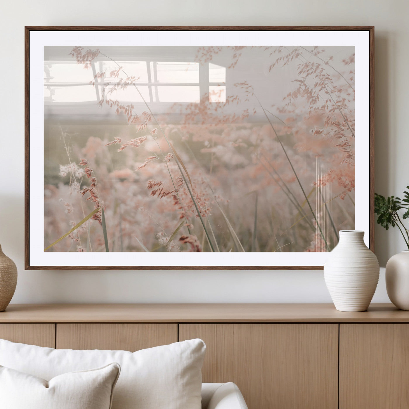 Soft pastel field with wild grasses in warm light, ideal for minimal nature or airy countryside-inspired interior wall decoration.