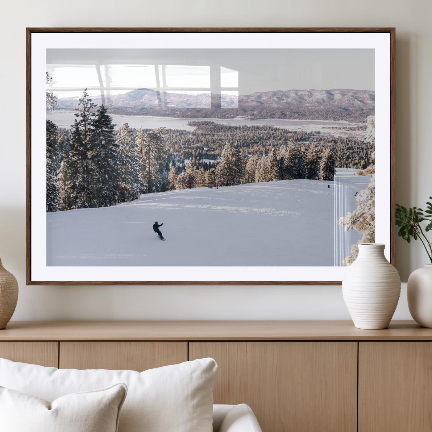 Canvas of a snowy mountain ski slope with pine trees and bright winter light, ideal for modern rustic or alpine-inspired home decor.