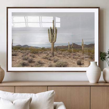 Canvas of a saguaro cactus in an earthy Sonoran desert landscape, ideal for Southwestern Boho or desert minimalism inspired home decor.   2/2