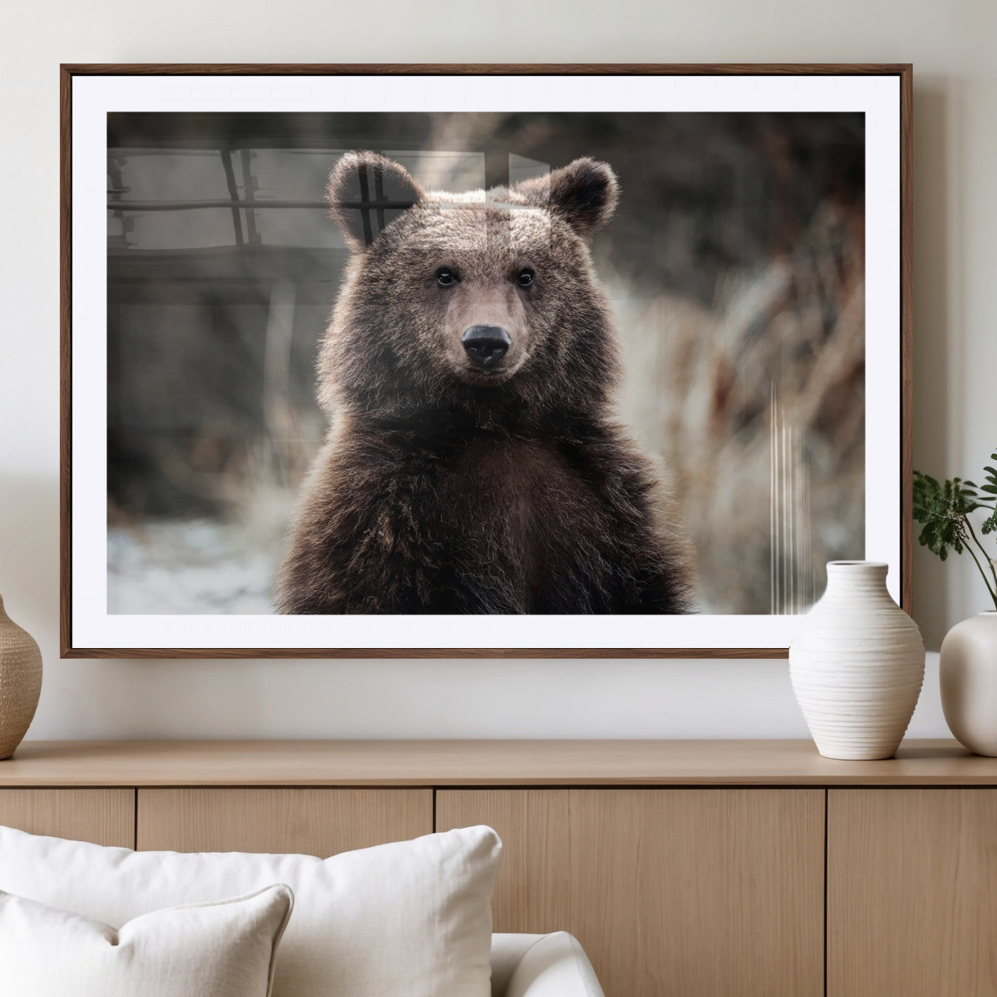 Canvas of a brown bear in soft earthy tones and moody forest light, ideal for rustic cabin or woodland nature-themed home decor.