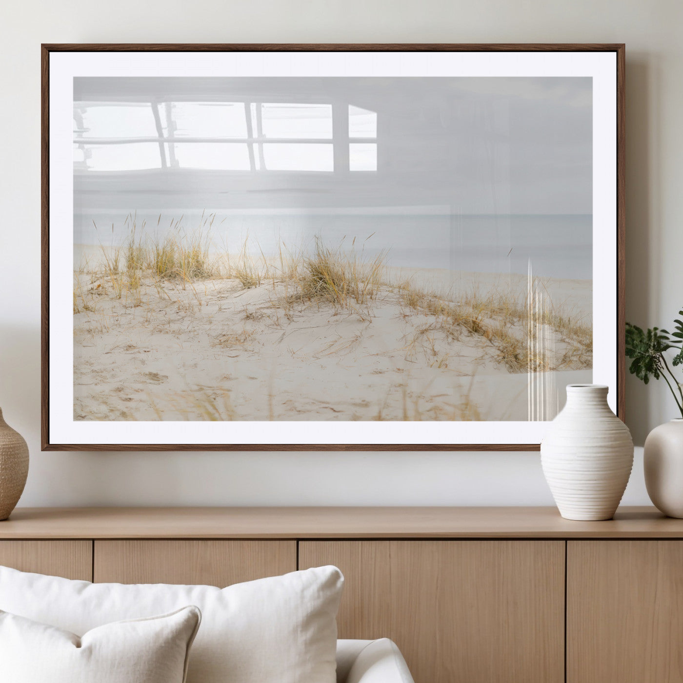 Canvas of soft beach dunes and coastal grasses in neutral tones, perfect for Scandinavian coastal or minimalist nature-inspired home decor.   2/2
