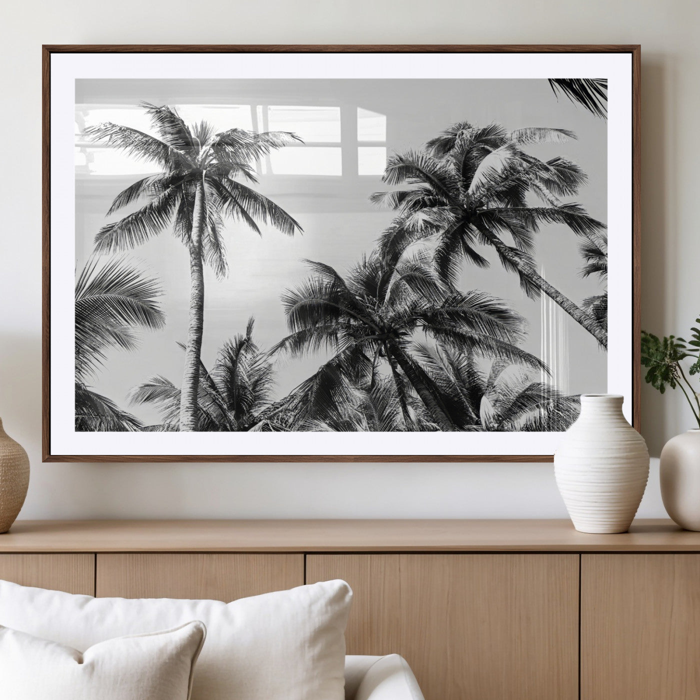 Black and white canvas of tall palm trees in moody tones, perfect for modern tropical minimalist or coastal-style home decor.