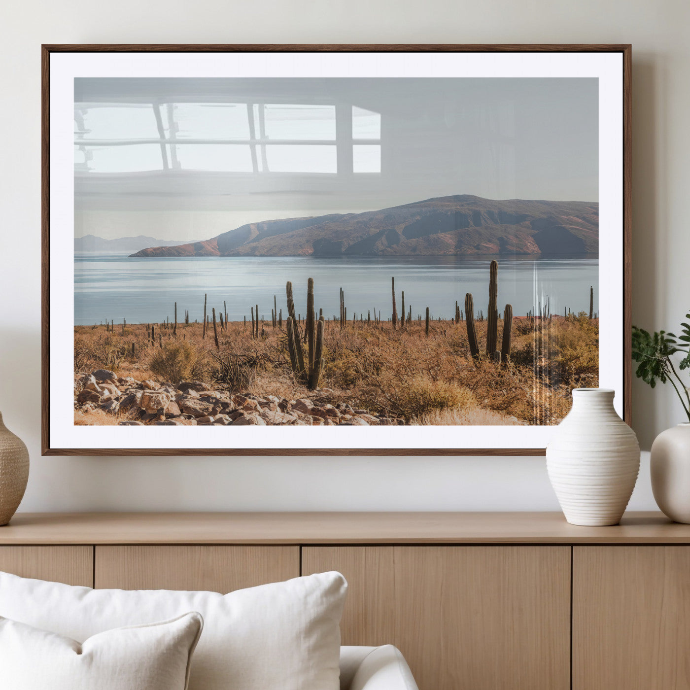 Warm desert landscape with cacti and coastal mountains, perfect for southwestern or earthy calm-themed home wall decor.