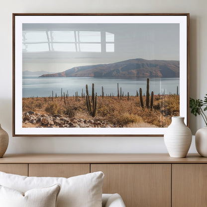 Warm desert landscape with cacti and coastal mountains, perfect for southwestern or earthy calm-themed home wall decor.