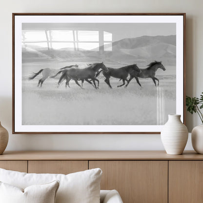 A black and white image of wild horses running freely across an open grassland, capturing the power and beauty of untamed nature in a rustic western setting.