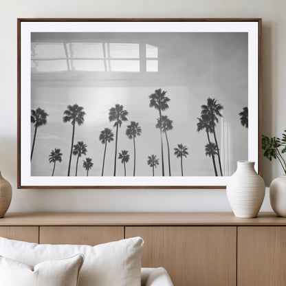 A black and white minimalist scene featuring tall palm trees silhouetted against a bright sky, creating a dreamy and timeless tropical aesthetic.