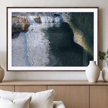 Canvas showing an aerial view of crashing waves along the Nazaré coastline, perfect for dramatic coastal or ocean-themed home decor.