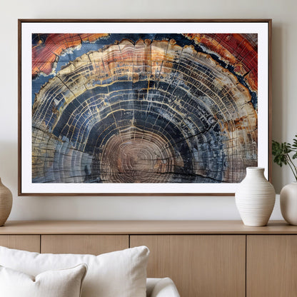 Vibrant tree ring with orange, brown, and blue tones in abstract detail, perfect for rustic or boho-inspired wall decor.