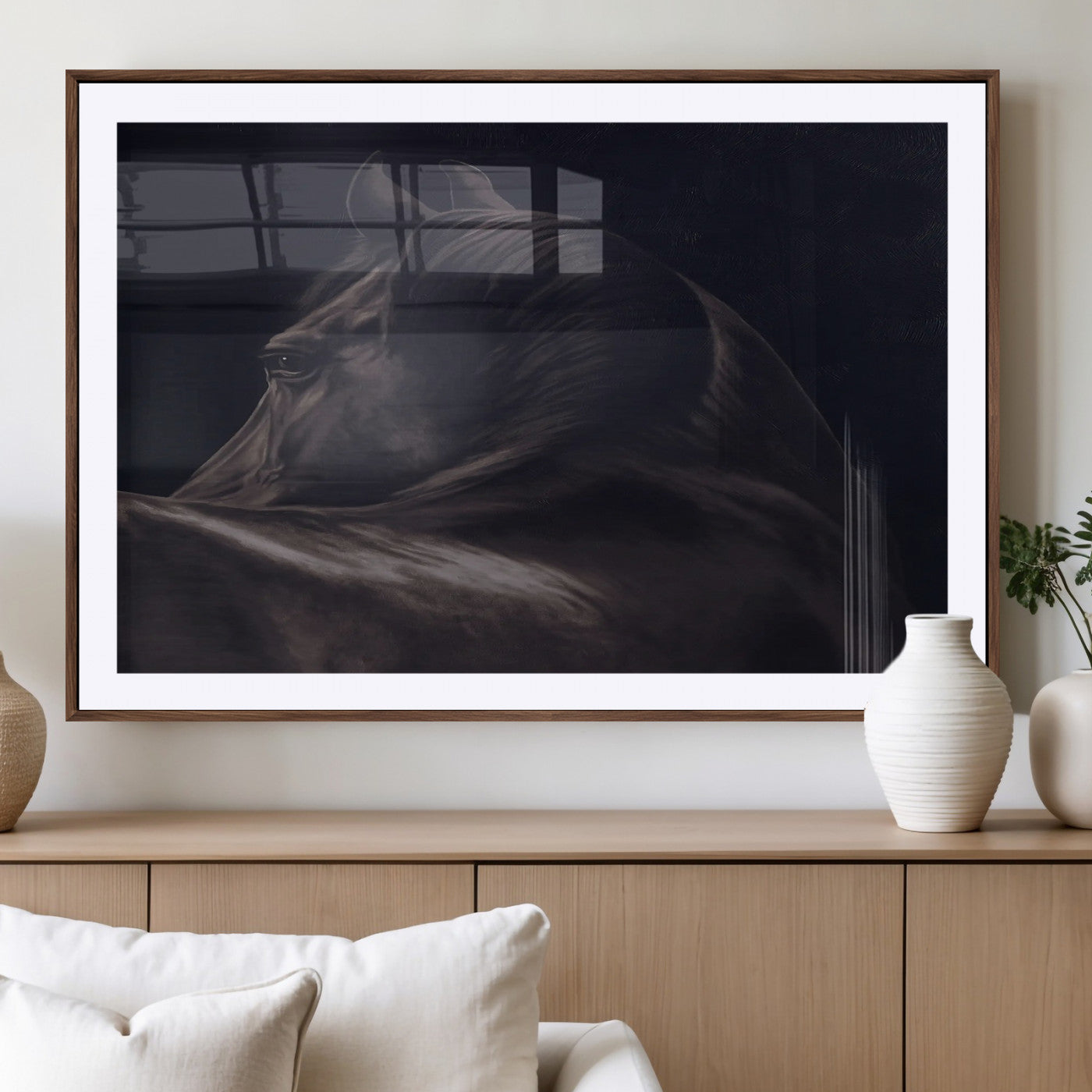 Close-up of a black horse with dramatic lighting on a dark background, perfect for rustic or masculine home decor.