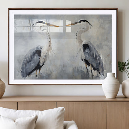 Two herons facing each other on a soft-toned background with blue-grey feathers, perfect for tranquil, coastal or nature-themed interiors.