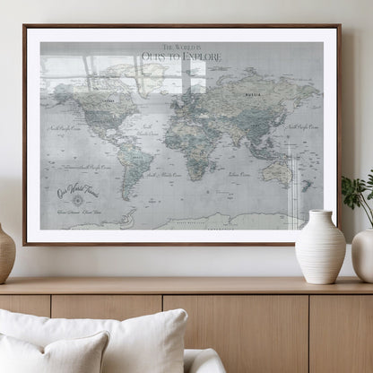 Custom Push Pin World Map Wall Canvas Print – Personalized Travel Tracker with Pins – Framed Custom Quotie Canvas for Home Office Decor