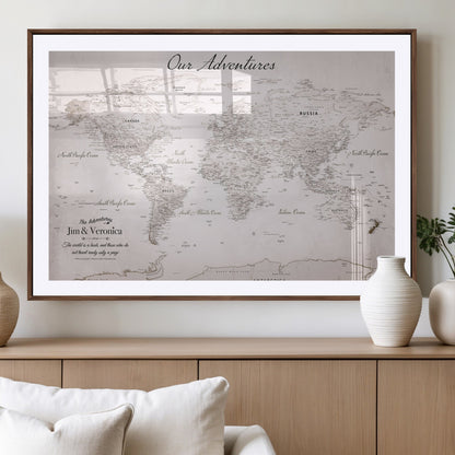 Customize Push Pin World Map Wall Canvas Print – Personalized Travel Map with Foam Pins – Framed Custom Quotie Canvas for Home Office Decor