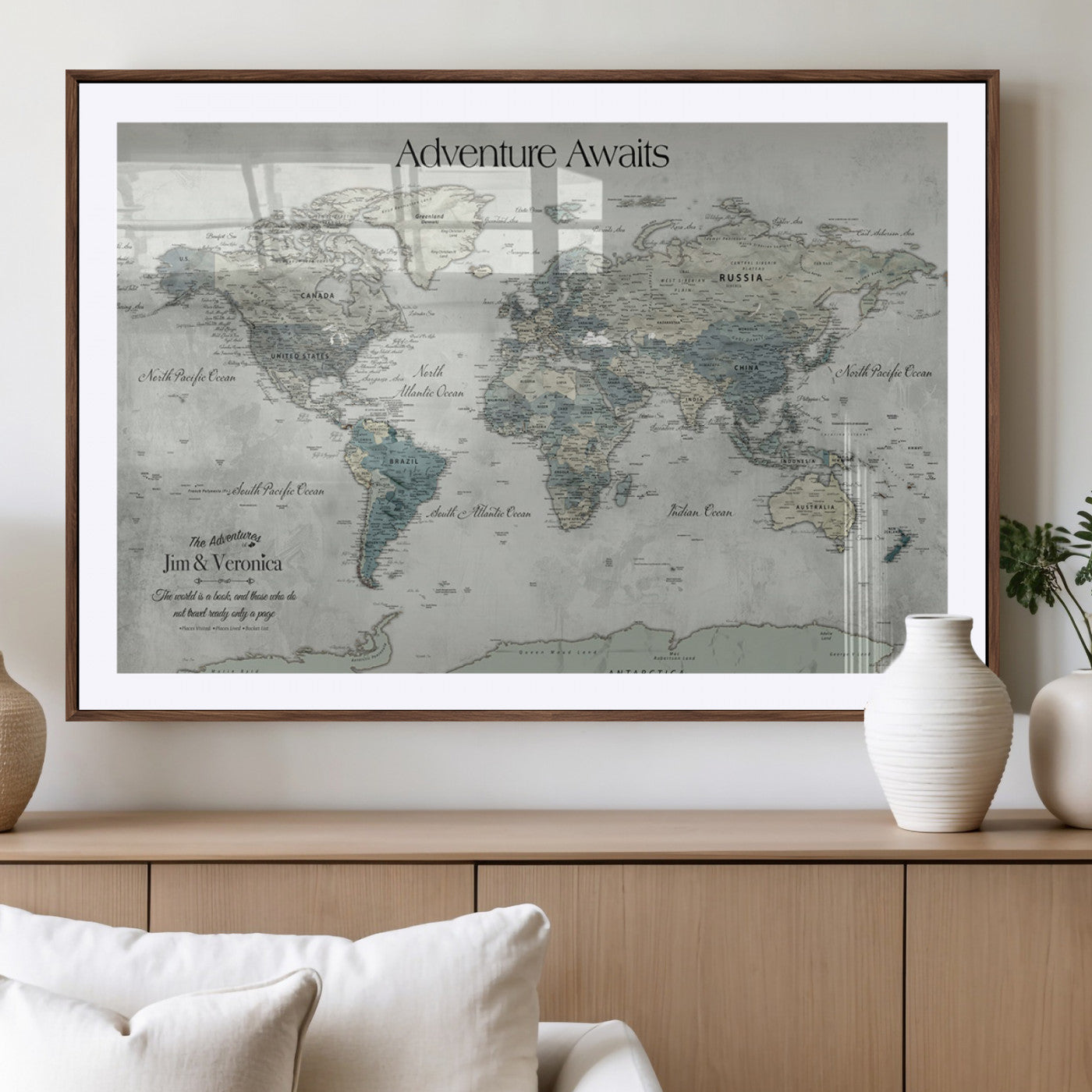 Customize Push Pin World Map Wall Canvas Print – Personalized Travel Tracker with Pins – Framed Custom Quotie Canvas for Home Office Decor