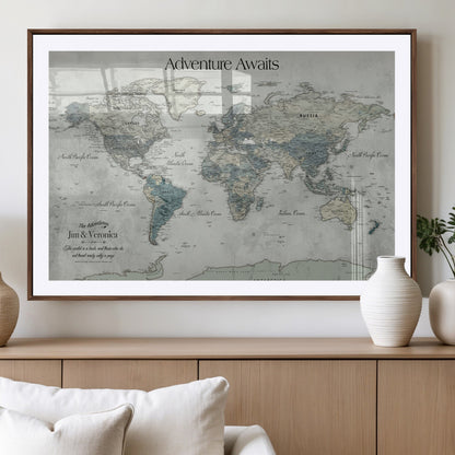 Customize Push Pin World Map Wall Canvas Print – Personalized Travel Tracker with Pins – Framed Custom Quotie Canvas for Home Office Decor