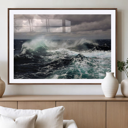 Powerful ocean waves crashing under stormy skies, creating a dynamic and intense seascape.