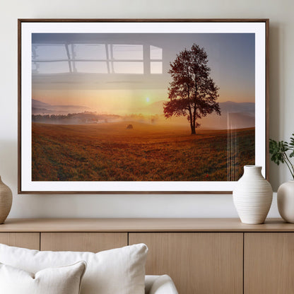 A tranquil landscape at sunrise with a mist-covered field and a lone tree, creating a peaceful and natural atmosphere.