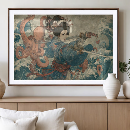 Tsukioka Yoshitoshi Samurai Wall Art Print, Japanese Katana Warrior Canvas Wall Art, Octopus Sea Monster Canvas Print,