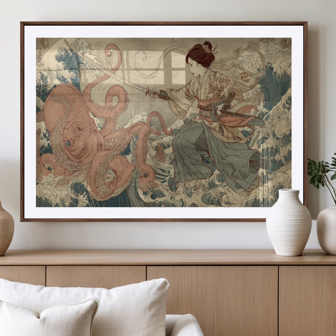 Tsukioka Yoshitoshi Samurai Wall Art Print, Japanese Katana Warrior Canvas Wall Art, Octopus Sea Monster Canvas Print,