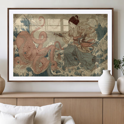 Tsukioka Yoshitoshi Samurai Wall Art Print, Japanese Katana Warrior Canvas Wall Art, Octopus Sea Monster Canvas Print,
