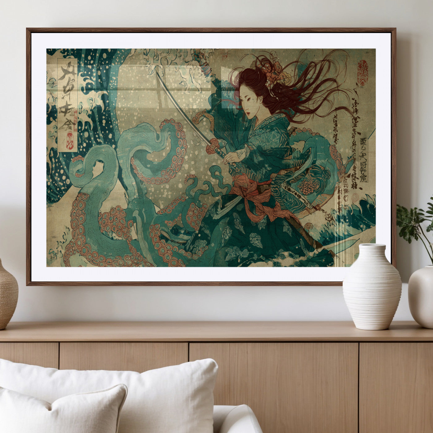 Tsukioka Yoshitoshi Samurai Wall Art Print, Japanese Katana Warrior Canvas Wall Art, Octopus Sea Monster Canvas Print,