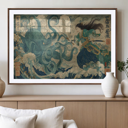 Tsukioka Yoshitoshi Samurai Wall Art Print, Japanese Katana Warrior Canvas Wall Art, Octopus Sea Monster Canvas Print,