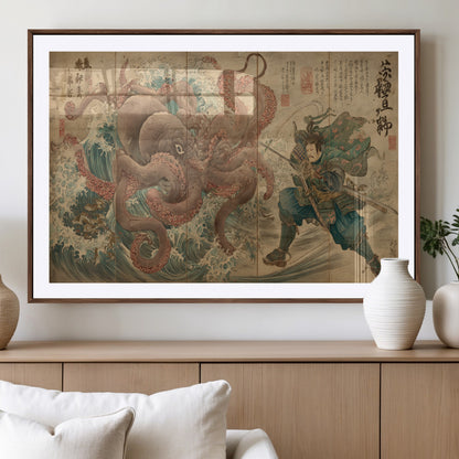 Tsukioka Yoshitoshi Samurai Wall Art Print, Japanese Katana Warrior Canvas Wall Art, Octopus Sea Monster Canvas Print,