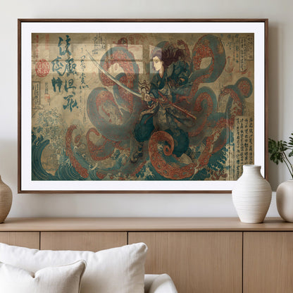 Tsukioka Yoshitoshi Samurai Wall Art Print, Japanese Katana Warrior Canvas Wall Art, Octopus Sea Monster Canvas Print,
