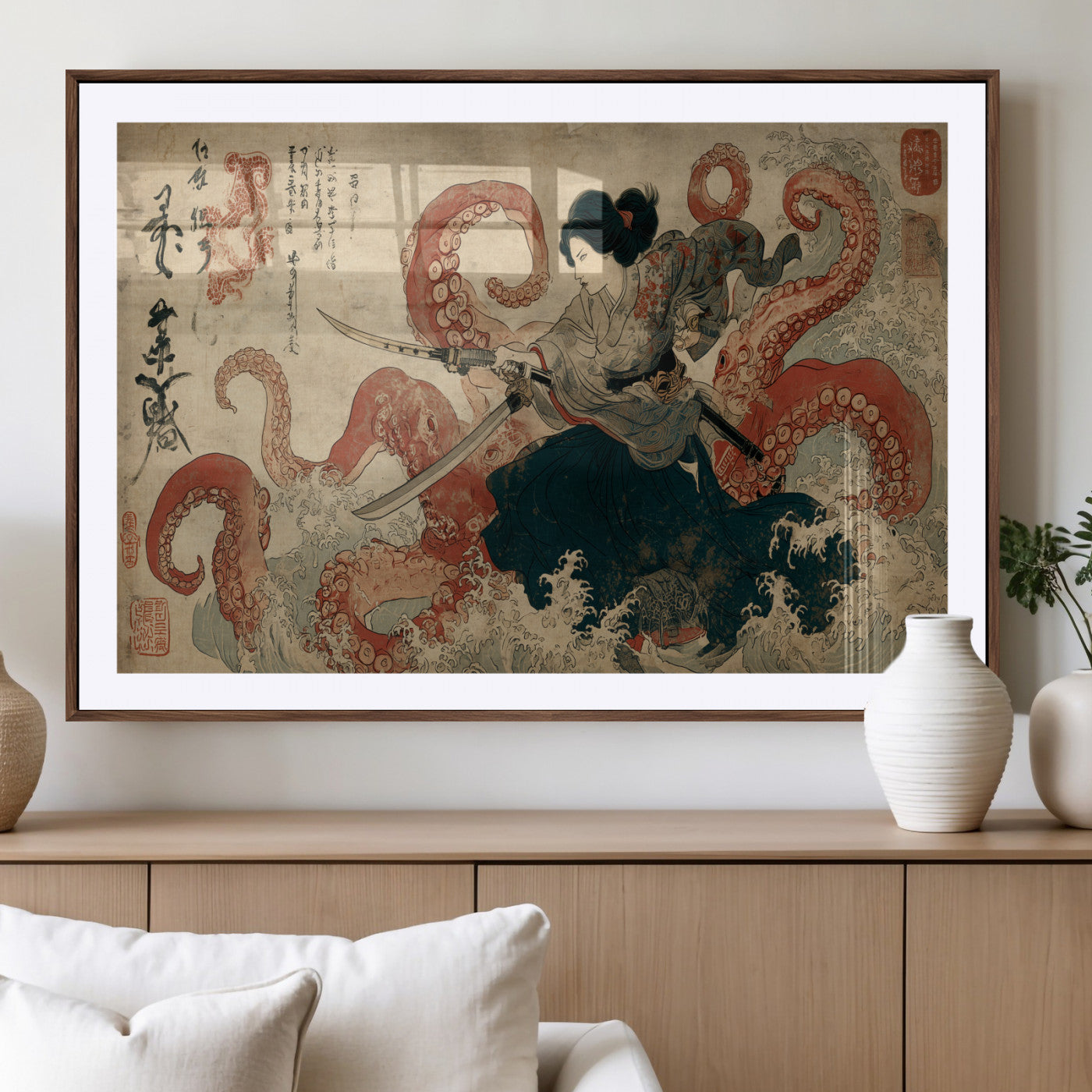 Tsukioka Yoshitoshi Samurai Wall Art Print, Japanese Katana Warrior Canvas Wall Art, Octopus Sea Monster Canvas Print,