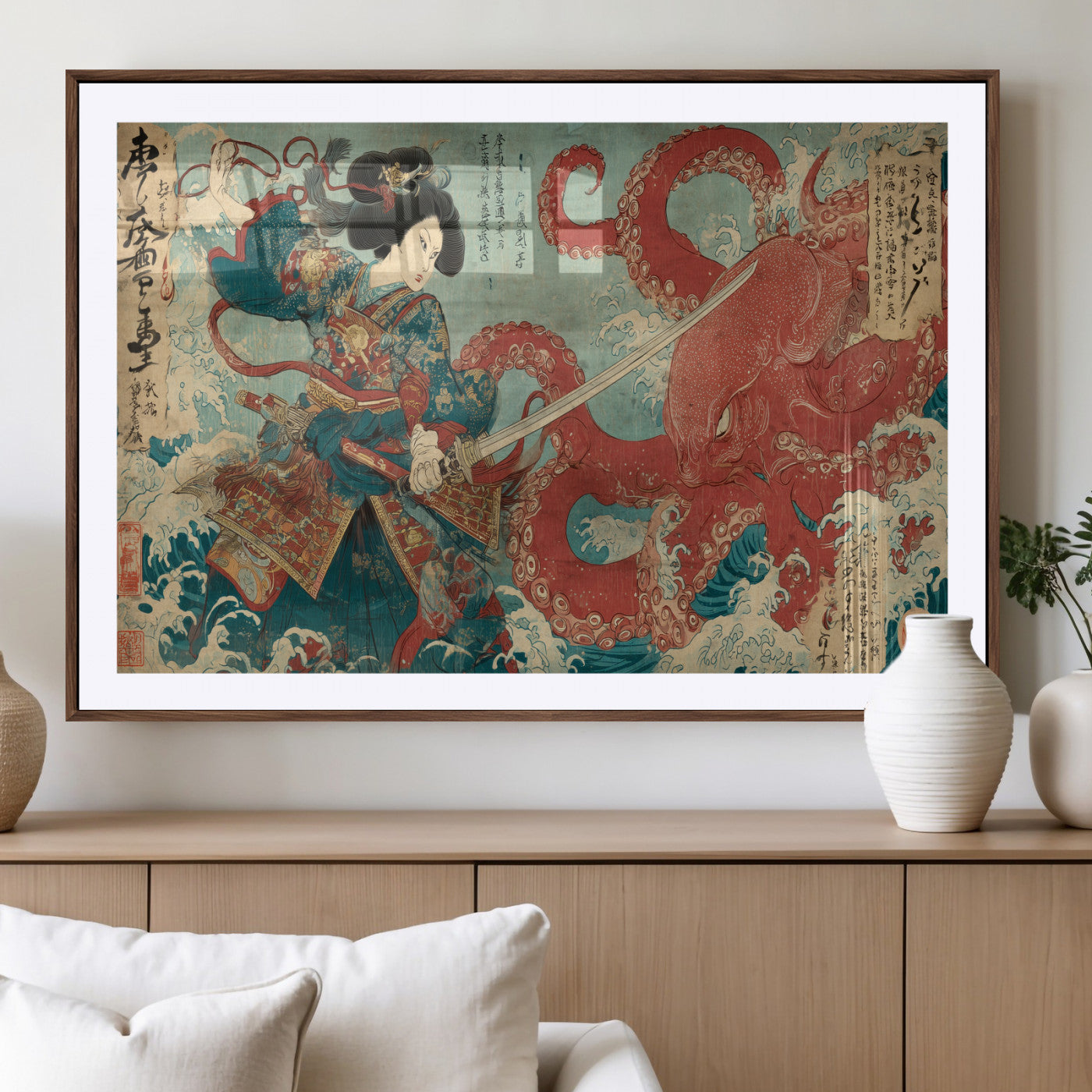 Tsukioka Yoshitoshi Samurai Wall Art Print, Japanese Katana Warrior Canvas Wall Art, Octopus Sea Monster Canvas Print,