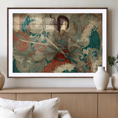 Tsukioka Yoshitoshi Samurai Wall Art Print, Japanese Katana Warrior Canvas Wall Art, Octopus Sea Monster Canvas Print,