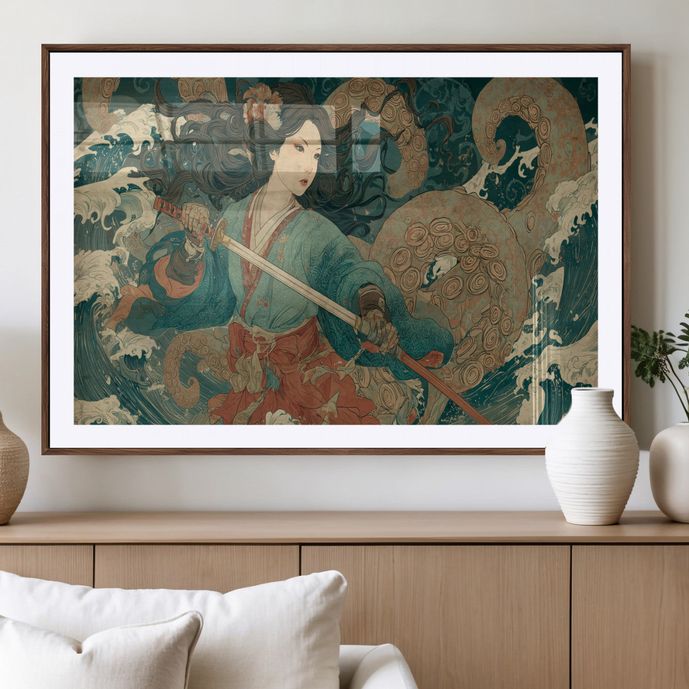 Tsukioka Yoshitoshi Samurai Wall Art Print, Japanese Katana Warrior Canvas Wall Art, Octopus Sea Monster Canvas Print,