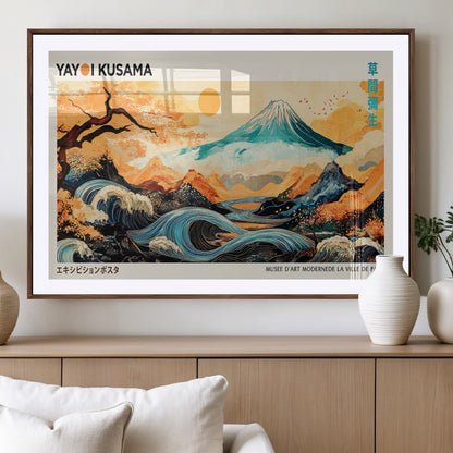 Modern Japanese-style art print featuring a stylized Mount Fuji, flowing waves, and vibrant landscapes in bold colors, inspired by traditional and contemporary aesthetics.