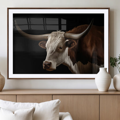 "Close-up of a brown and white longhorn cow with prominent curved horns against a black background."