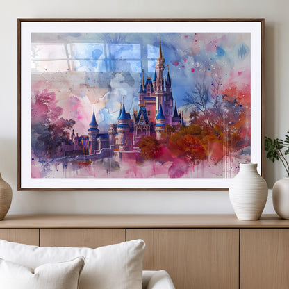 Watercolor canvas of a dreamy Disney-style castle in pastel pink and blue tones, perfect for fairytale or whimsical home decor.