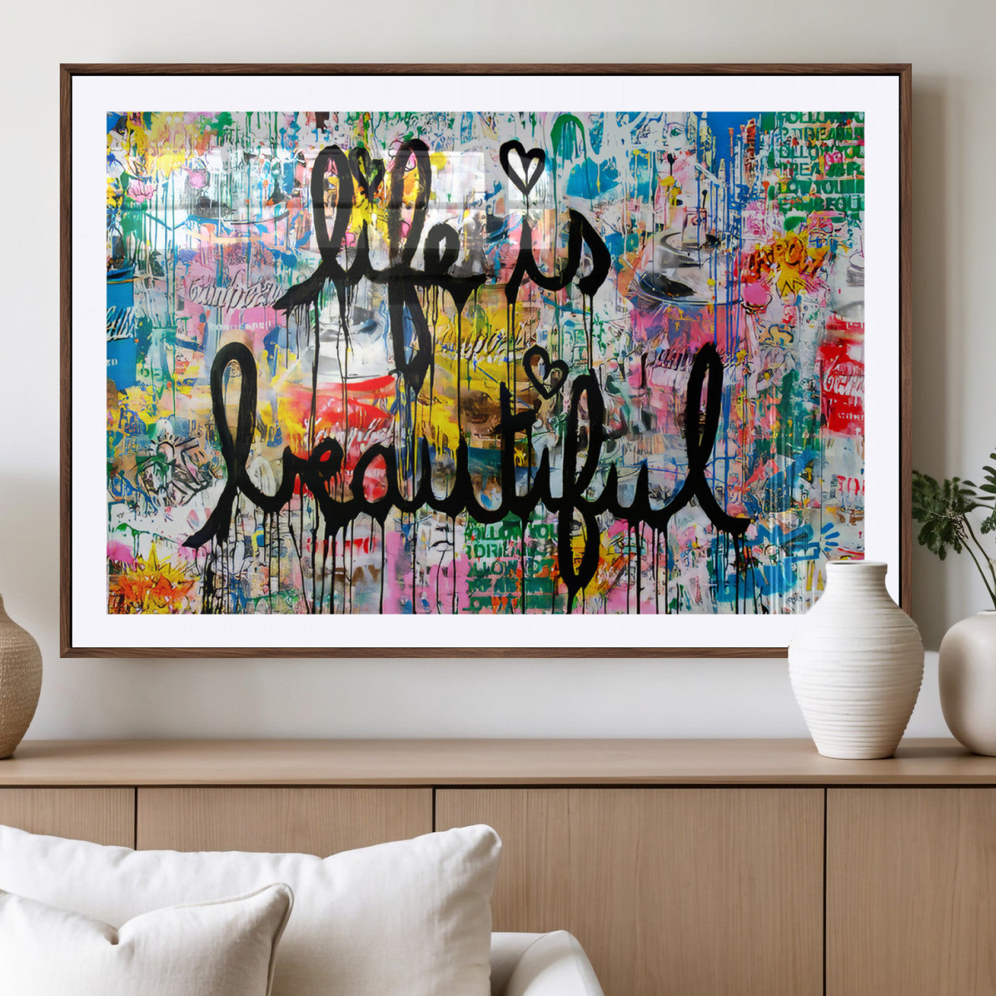 Colorful urban-style canvas with graffiti text “Life is Beautiful” in black paint, ideal for bold or street-themed home decor.
