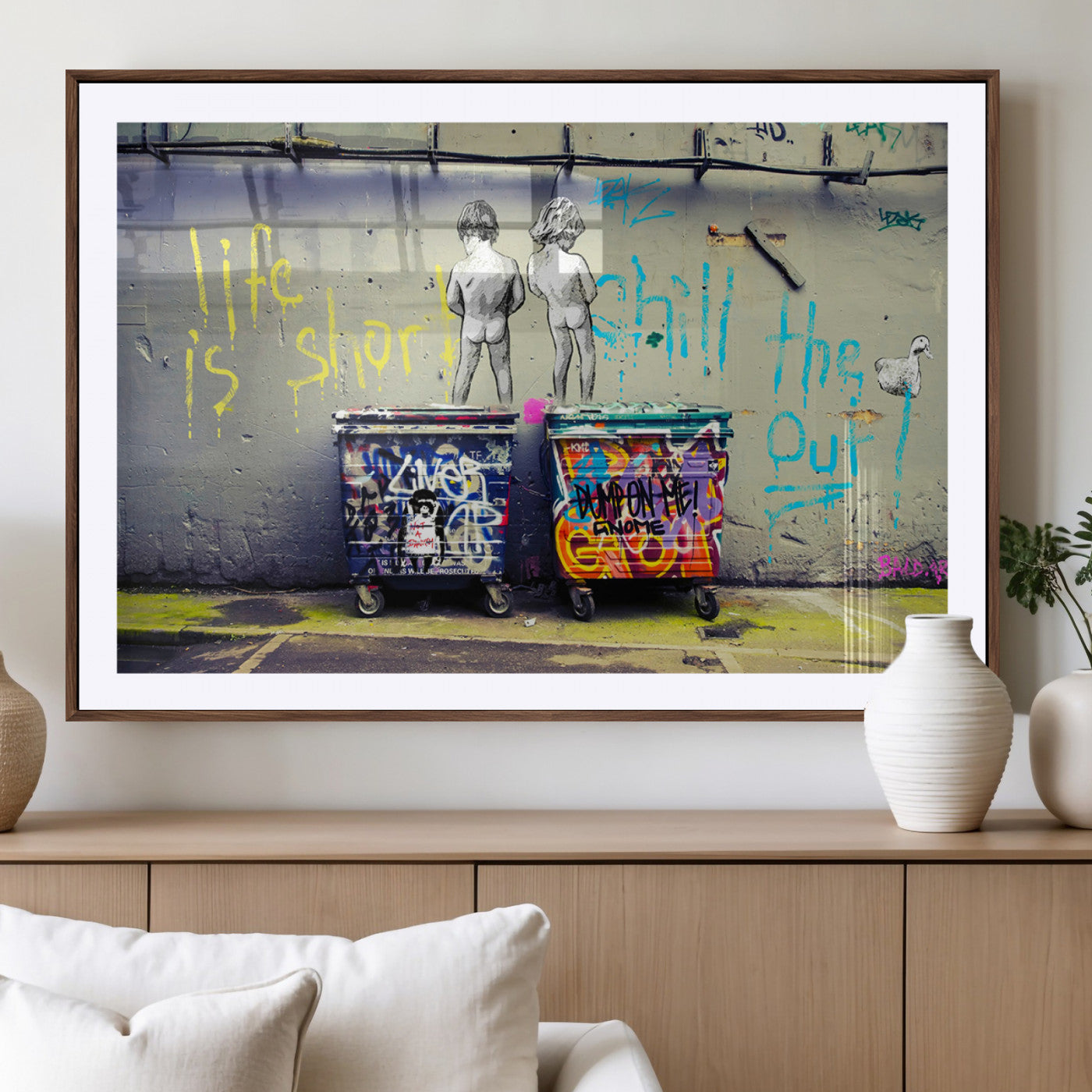 Graffiti-style canvas art with bold text and two naked figures over urban dumpsters, ideal for edgy or street-style decor.
