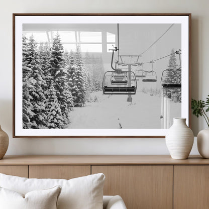 Black and white canvas of empty ski lifts over a snowy pine forest, perfect for minimal winter or ski lodge-inspired decor.