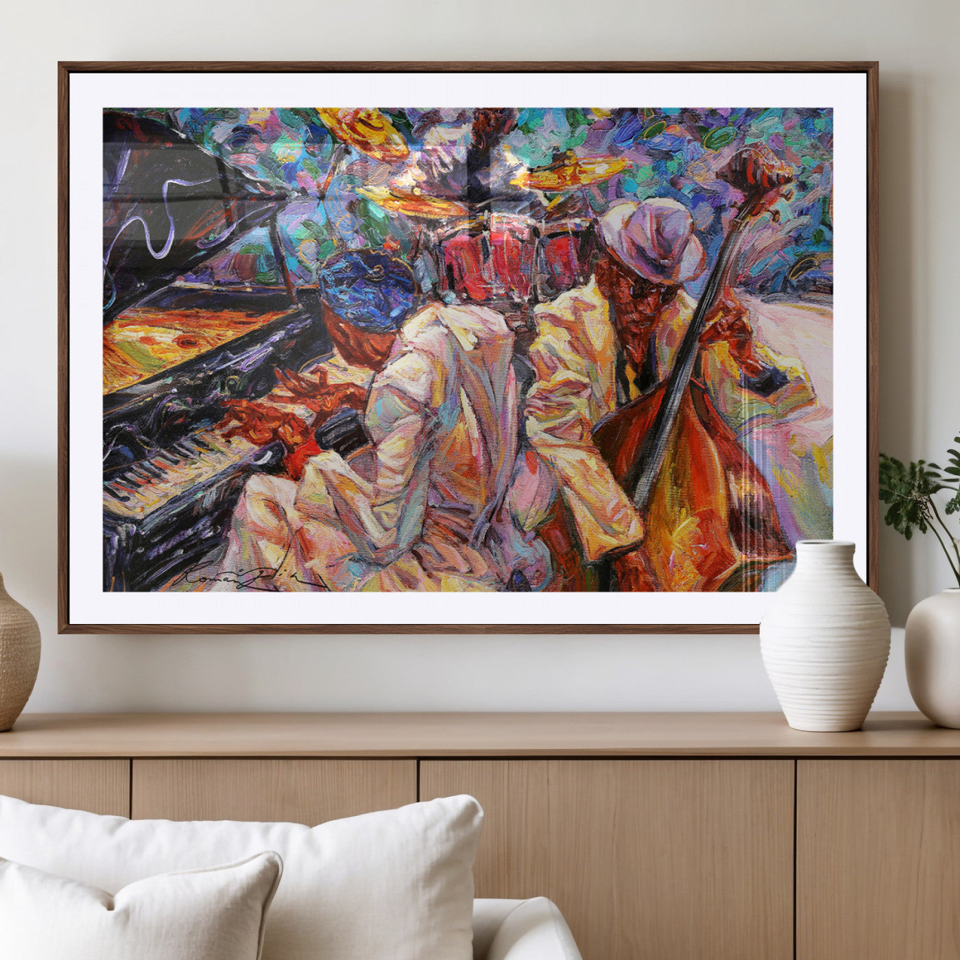 Vibrant oil painting of a jazz band with piano, saxophone, and bass, ideal for colorful and expressive music-themed home decor.