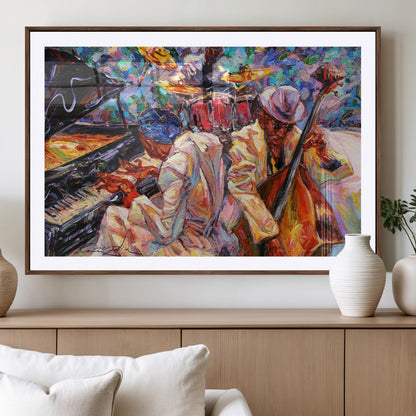 Vibrant oil painting of a jazz band with piano, saxophone, and bass, ideal for colorful and expressive music-themed home decor.